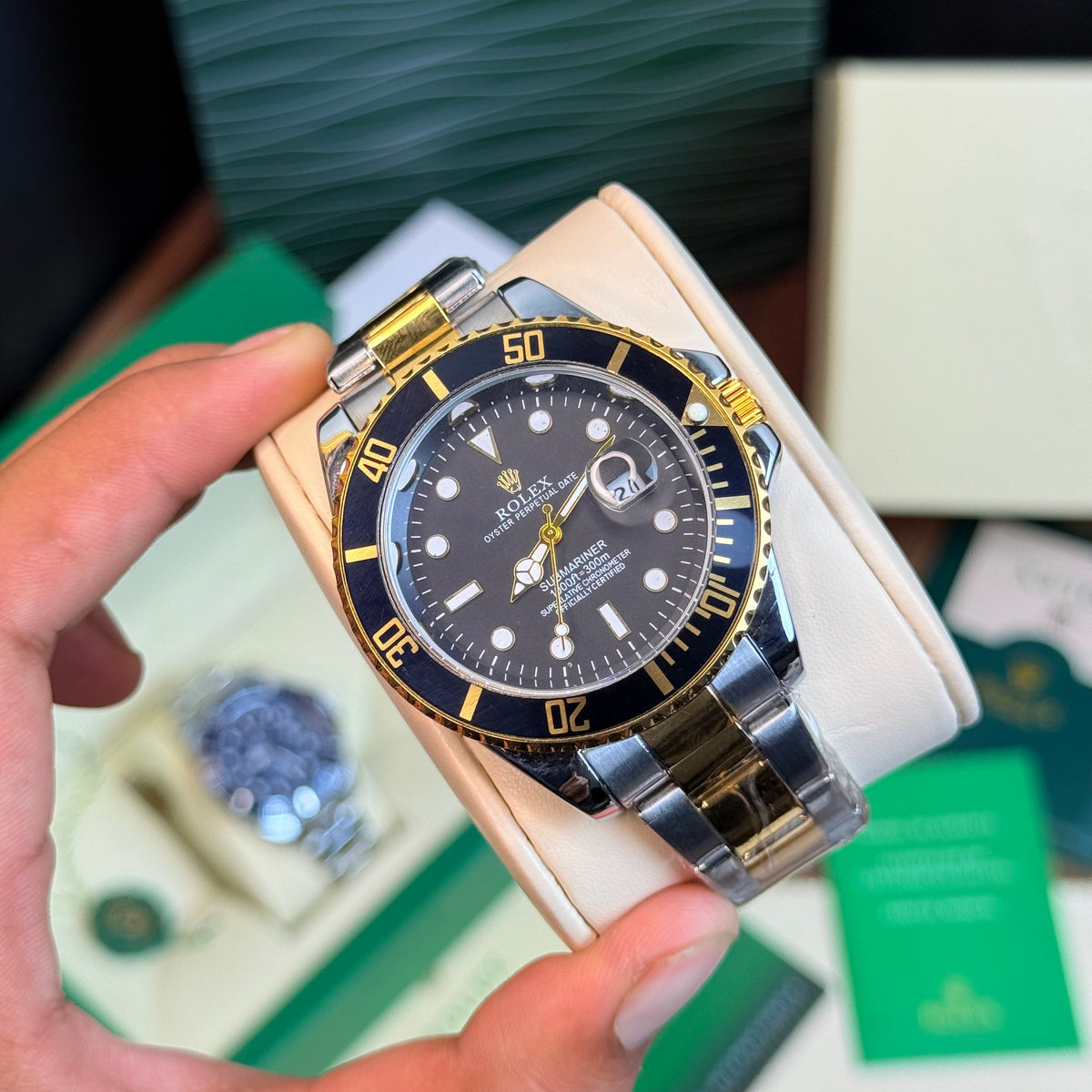 Rotating Bezel Watch With Black Dial & Butterfly Lock Chain