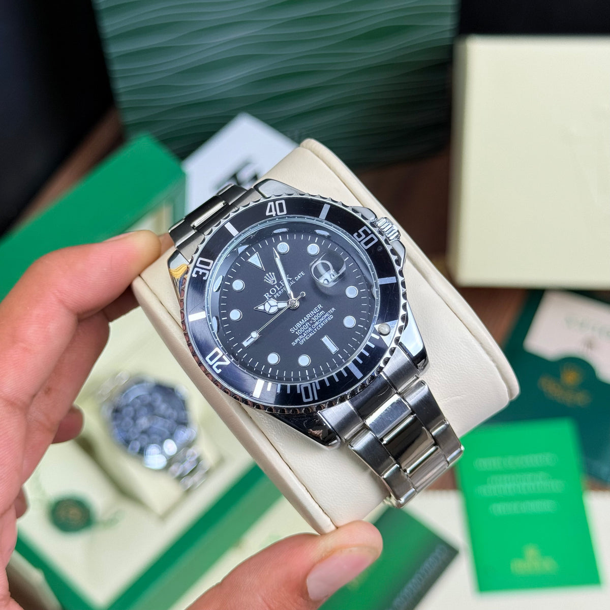 Rotating Bezel Watch With Black Dial & Butterfly Lock Chain